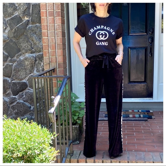 BLACK VELVET WIDE LEG PANTS W/LEOPARD SIDE TRIM - Picture 5 of 16